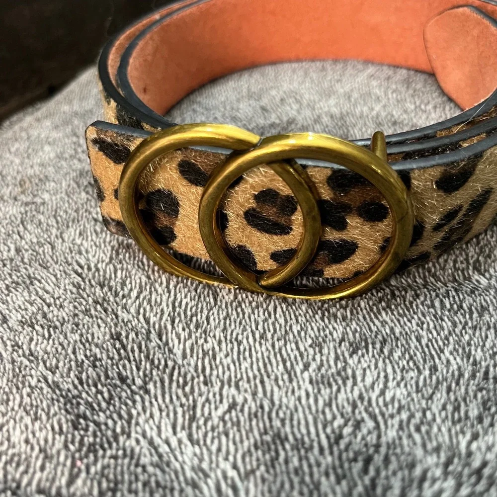 Leopard Print Calf Hair Belt Double O-Ring Gold Buckle Boho Western Cowgirl